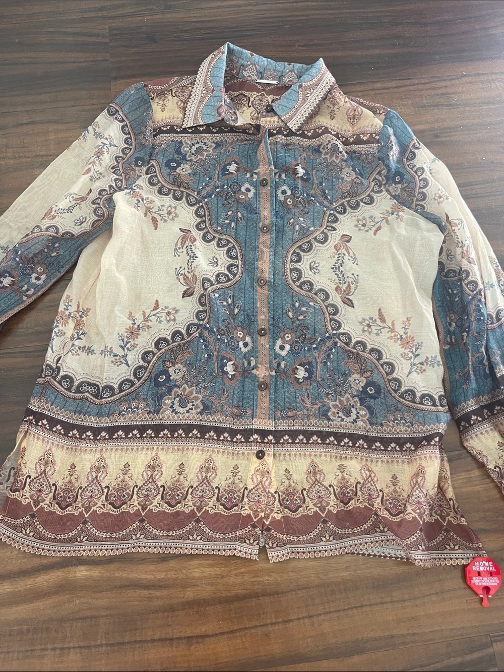 New Elie Tahari Teal, Cream & Brown Printed Button down Blouse Shirt - Picture 3 of 12